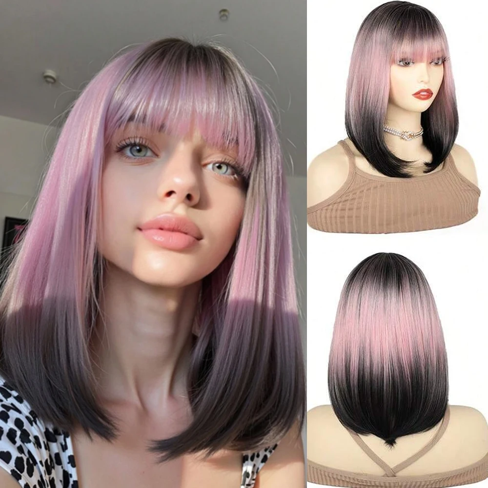 

Ombre Розовые Черные Парики Для Женщин с Челкой Красочные Парики Для Косплея Синтетические Многослойные Парики Для Волос Для Ежедневной Вечеринки/Хэллоуина