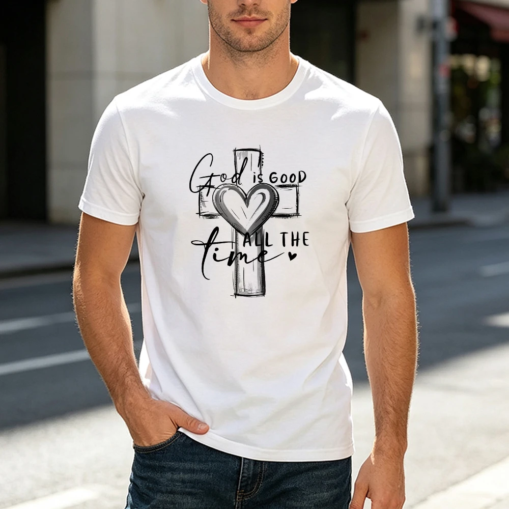 Metallic Silver Heart On Cross God Is Good All The Time Slogan Men White T Shirt Modern Religious Graphic Tee
