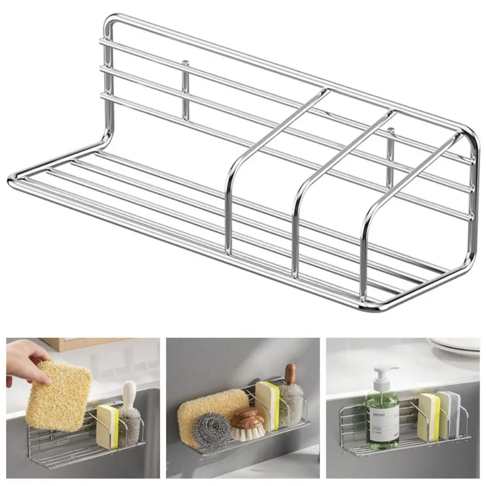 

Wall Mounted Sink Storage Rack Stainless Steel No Drill Sponge Storage Holder Space Saving Rustproof Kitchen Organizer Household