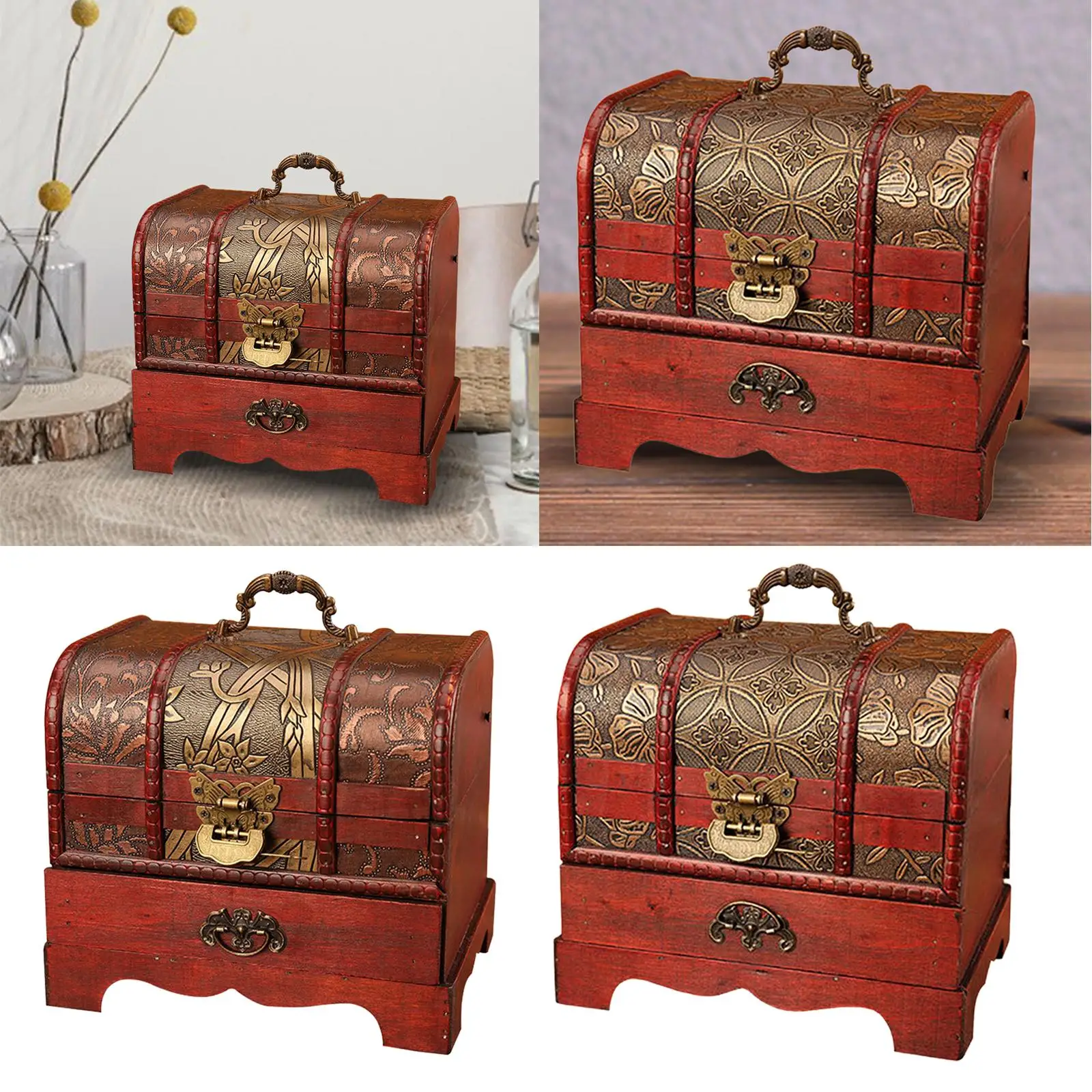 Traditional Wooden Jewelry Box with Drawer with Hinged Lid Organizing Size 20.5x16x18.5cm Dresser Ornaments Treasure Chest