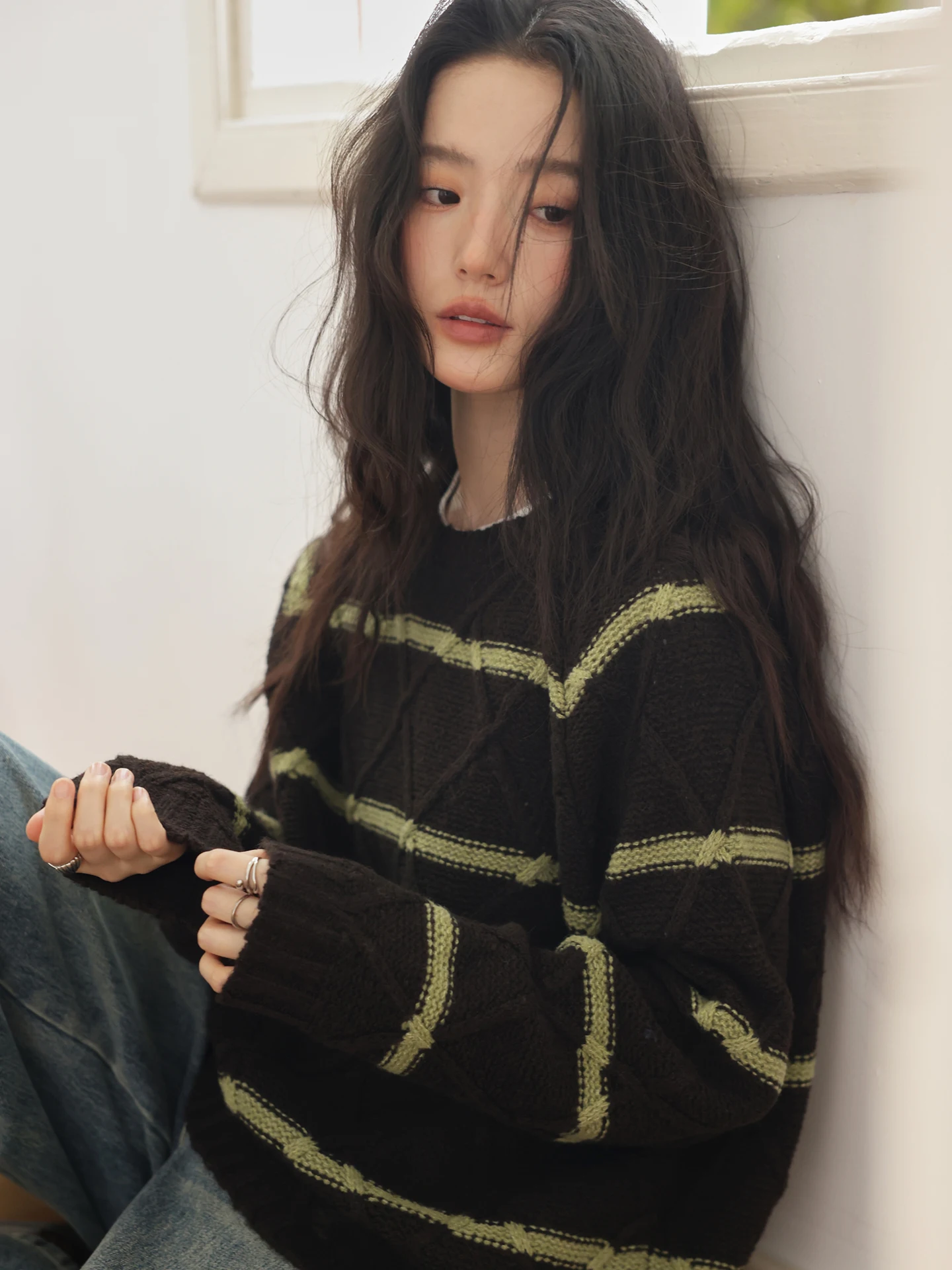 

Retro Hazelnut Brown Diamond Texture Color Blo Long Sve Women's Winter Wool Sweater Amy Wine House Commute Sle Loose Fit