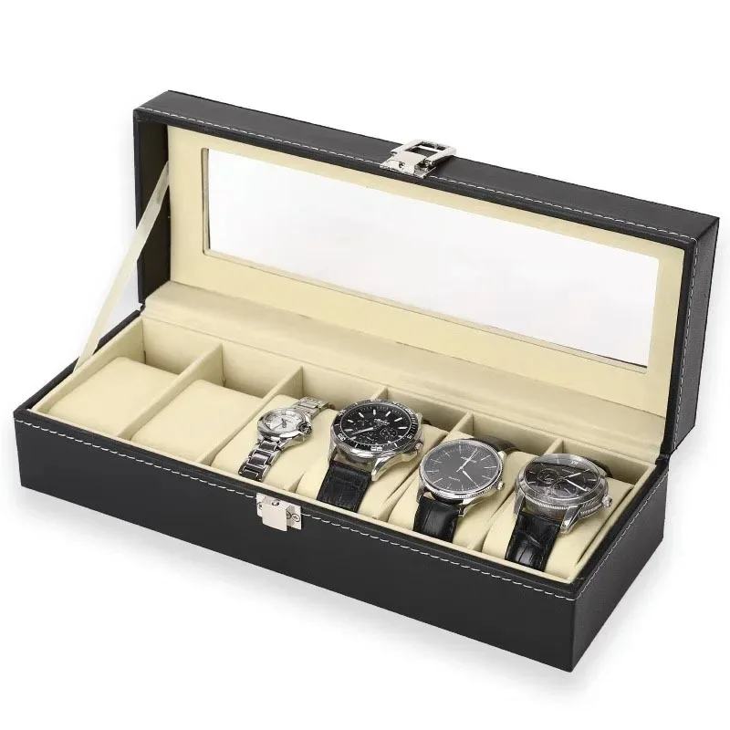 6 Slot Men Watch Display Case PU Leather Watch Organizer Box Black Watch Bracket Display Box Holiday Gift ﻿