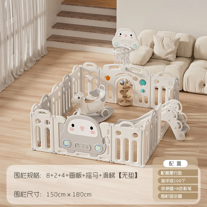 Large Indoor Baby Playpen Set with Basketball Hoop Slide Rocking Horse & Crawling Mat Safety Fence