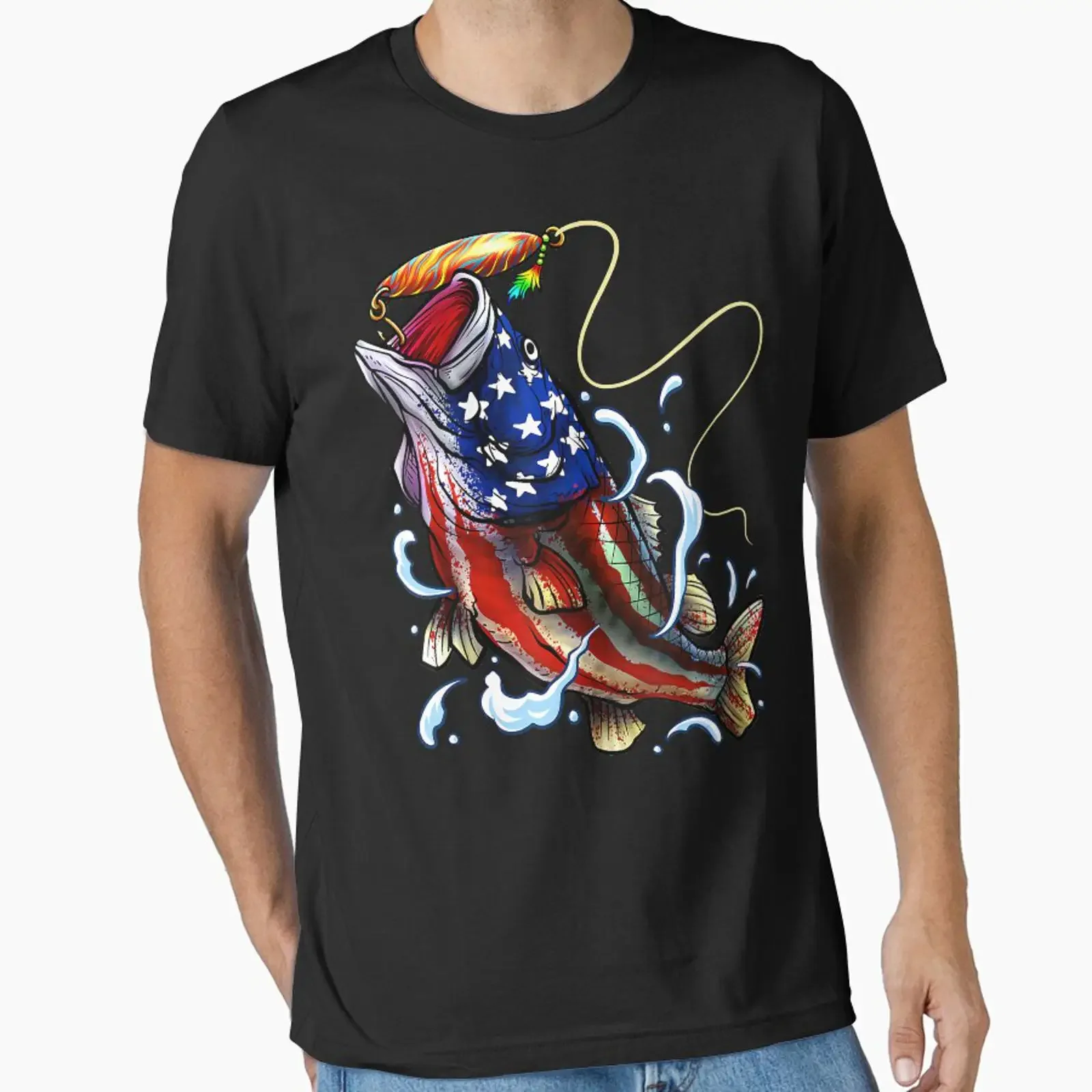 Bass Fishing Fish American Flag Patriotic Fourth Of July Essential T Shirt vintage Washed Top For Everyday Wear Versatile