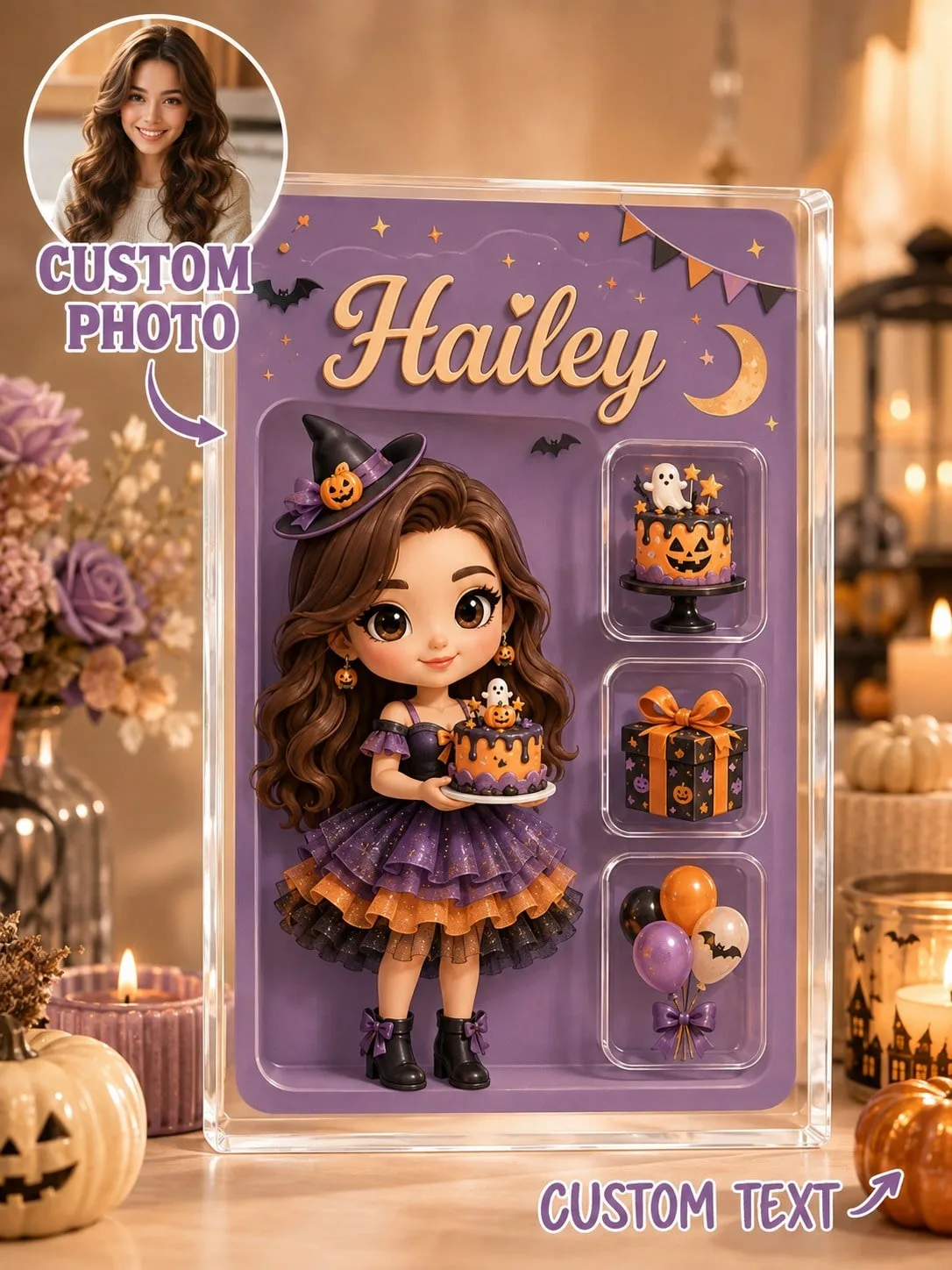 Custom Photo Cartoon 2D Acrylic Plaque Personalized Name Birthday Halloween Gift Portrait Display Stand Holiday Decor