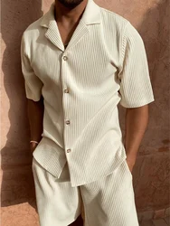 Spring/Summer suit Solid color corduroy shorts sleeve shirt and shorts stretch beach casual suit