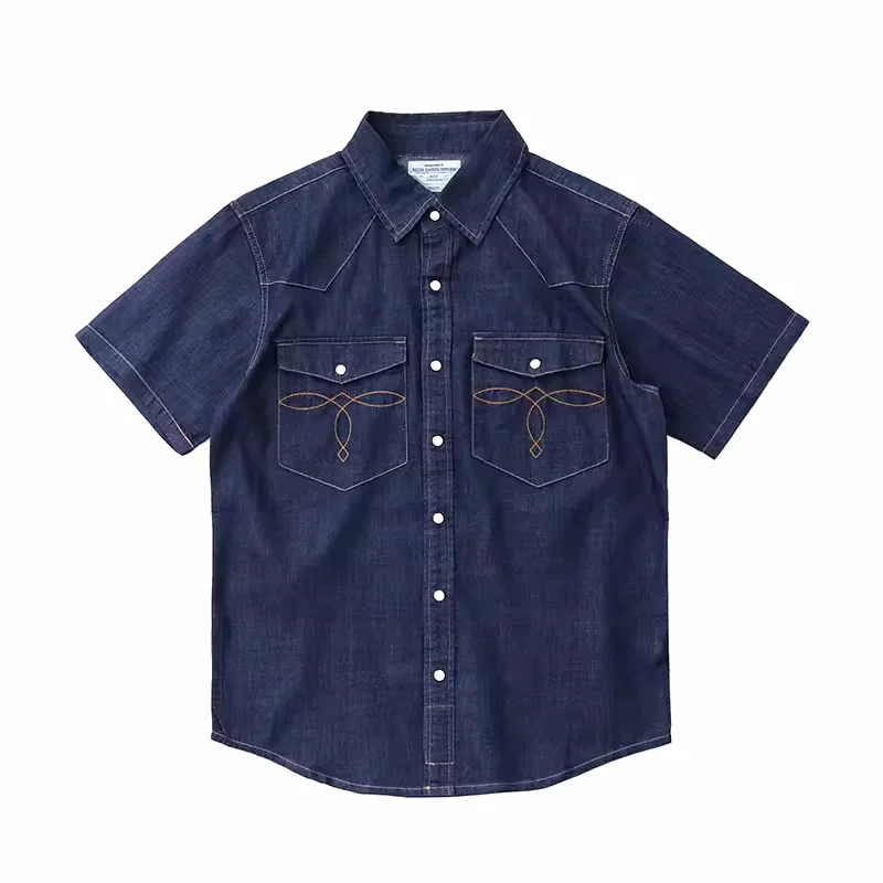 Vintage American Casual Denim Shirts for Men 100% Cotton Wash Summer Loose Embroidery Workwear 24ss Y2k Youth Male Tops Amekaji