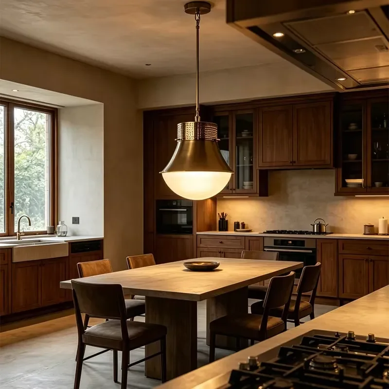 Antique Brass Pendant Light Style Hanging Lamp with Textured Metal and Glass for Kitchen Island Living Room