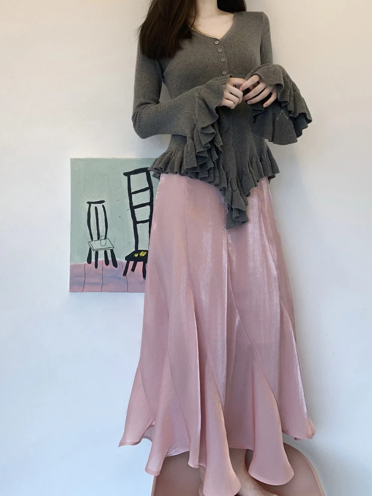 

Юбка-трапеция DesiGar из ацетатного атласа с пышным подолом, розовая, облегающая, с эффектом драпировки, глянцевая, длинная, для повседневной носки