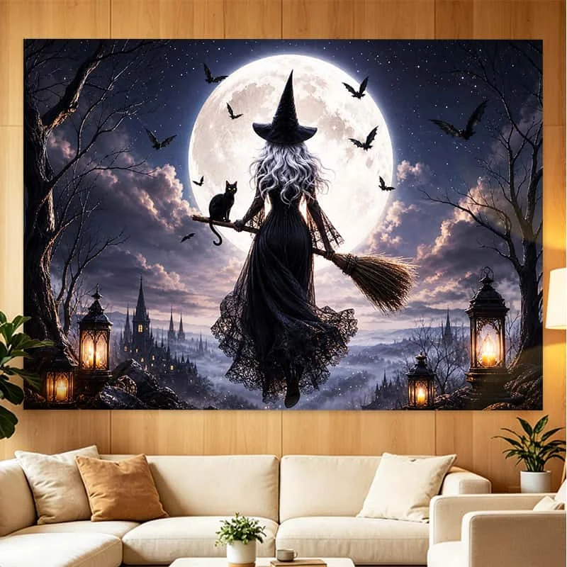 Gothic Flying Witch Moon Tapestry Halloween Castle Black Cat Bat Hanging Cloth Room Aesthetic Wall Decoration Cloth