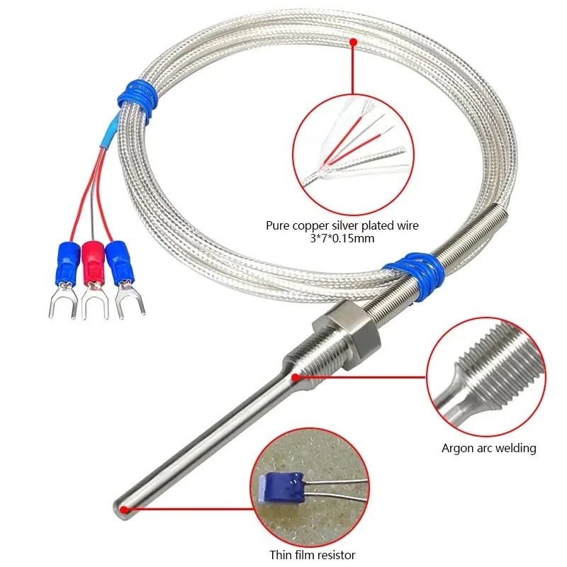 Waterproof PT100 Temperature Sensor RTD Probe Stainless Steel Industrial Threaded High Accuracy Resistance Detector PTFE Line