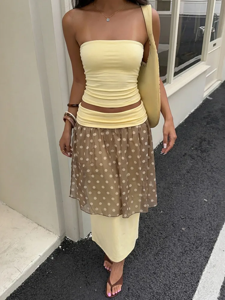 Absobe Polka Dot Mesh Patchwork Maxi Skirt Set Solid Color Strapless Crop Tops Slim Shirring Women Fashion 2 Piece Beachwear Set