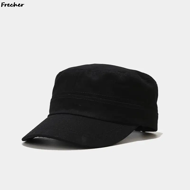 Mens Solid Color Visor Hat Breathable Cotton Army Cap Simple Plain Caps Adjustable Buckle Cadet Hats Man Casquette Comfortable