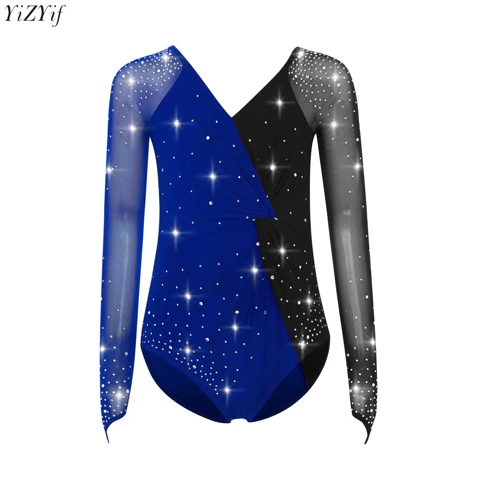 

Kids Girls Figure Skating Dance Bodysuit Sheer Mesh Cross V-Back Knot Font Color Block Long Sleeves Ballet Gymnastics Leotard