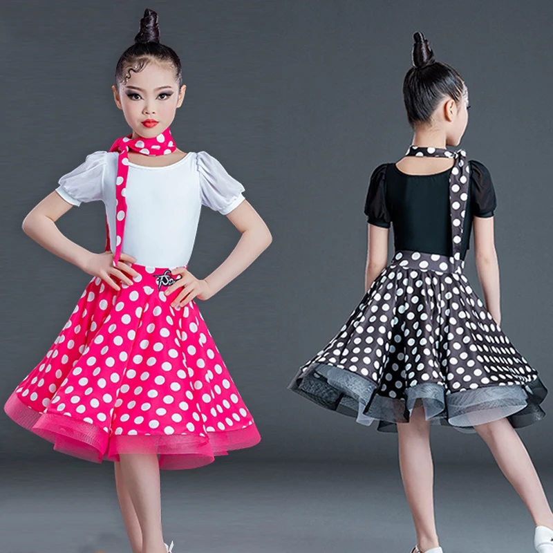 Novas meninas traje de dança latina vestido de bolinhas mangas curtas roupas de prática rumba roupas de competição de dança de salão bl13942