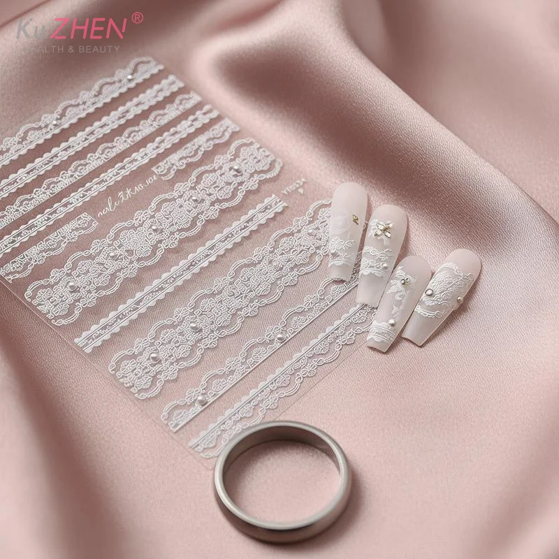 5D Relief Finely Crafted Pearls Lace Stripe Adhesive Nail Art Stickers Decals Manicure Beauty Charms For Home Nail Salon