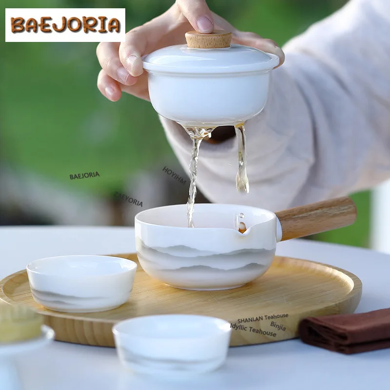 Mutton Fat Jade Porcelain Travel Tea Set Kit Traditional 1 Pot 3 Cups Tea Brewing Organizer Portable Outdoor Stock Bags Supplies