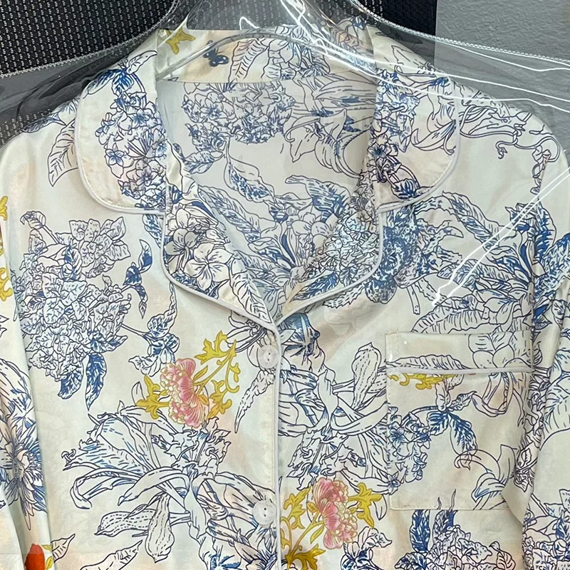 Pyjama en Satin Floral pour Femme, Cardigan à Manches sulf, Soyeux et Luxueux, Vêtements de Maison, Nouvelle Collection Printemps Été