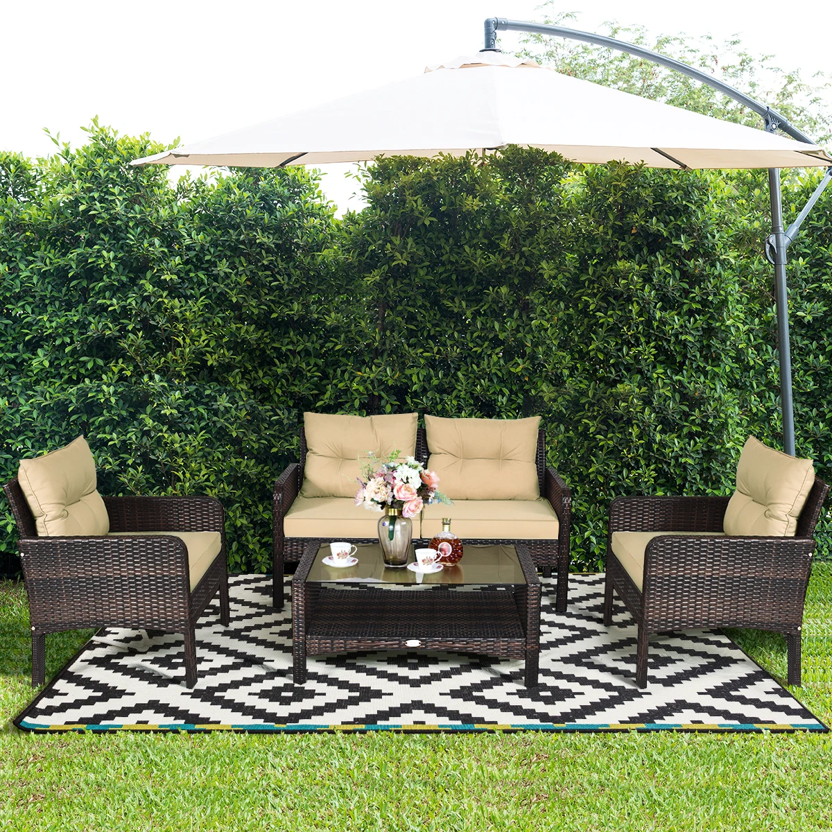 4PCS Patio Rattan Furniture Set Loveseat Sofa Coffee Table Garden W/ Cushion