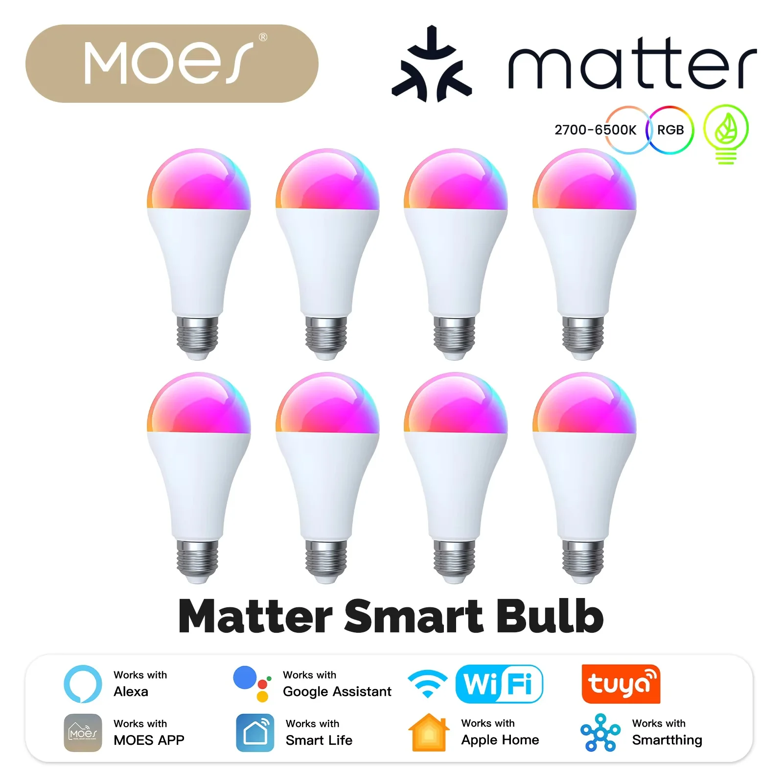 MOES Tuya MATTER WIFI Smart LED Bulb Dimmable 14W RGB C+W E27 Color Shifting 2700K-6500K Smart App Control with Alexa Google