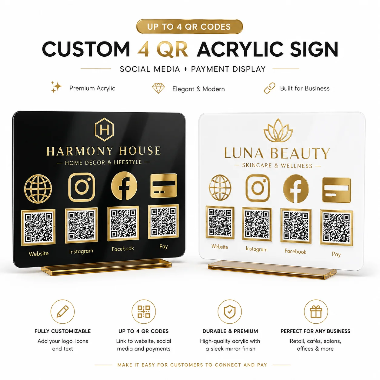 Custom Acrylic Display Plaque QR Code Personalized Logo Text Photo Clear Stand For Business Store Counter Payment Social Use