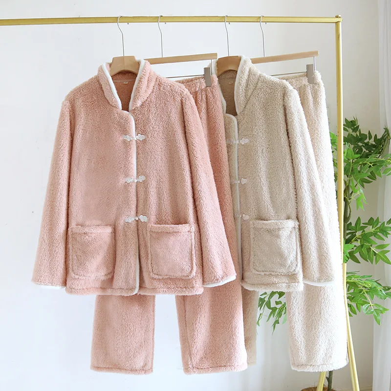 Thicken Coral Fleece Women's 2PCS Handmade Buttons Pajamas Set Loungewear Winter Sleepwear Casual Flannel Homewear