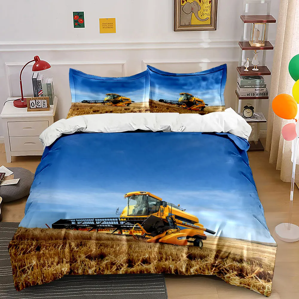 Yellow combine harvesting wheat field Print Soft Comfortable Duvet Cover Bedding Set Included 1*Duvet Cover  2*Pillowcases