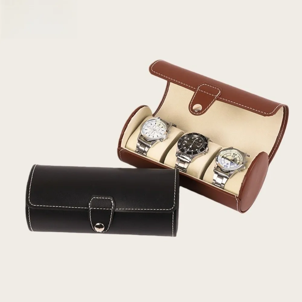 

Коробка для хранения часов из искусственной кожи, 3-сеточный цилиндр, твердый строительный держатель для рулона часов, съемные подушки, витрина для часов, дорожная витрина