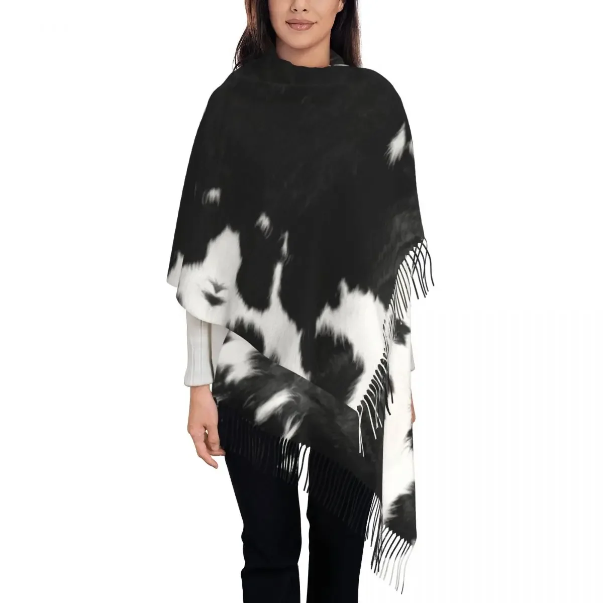 Modern Cowhide Faux Leather Scarf Wrap for Women Long Winter Warm Tassel Shawl Unisex Fur Texture Scarves