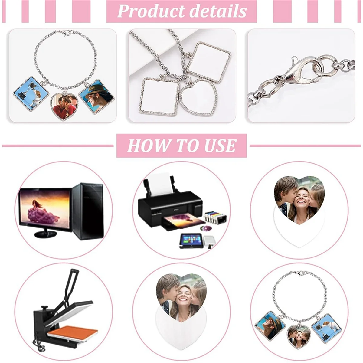 4 Sets Sublimation Bracelets, Heat Transfer Bracelet Blanks Heart Photo Bezel Square Craft Bezel Setting Blank