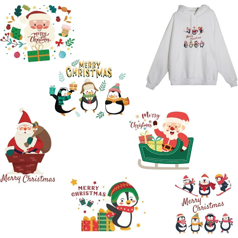 6 Sheets Merry Christmas Iron on Stickers Santa Claus Heat Transfer Stickers Iron on Appliques Xmas Penguin Decals Patches