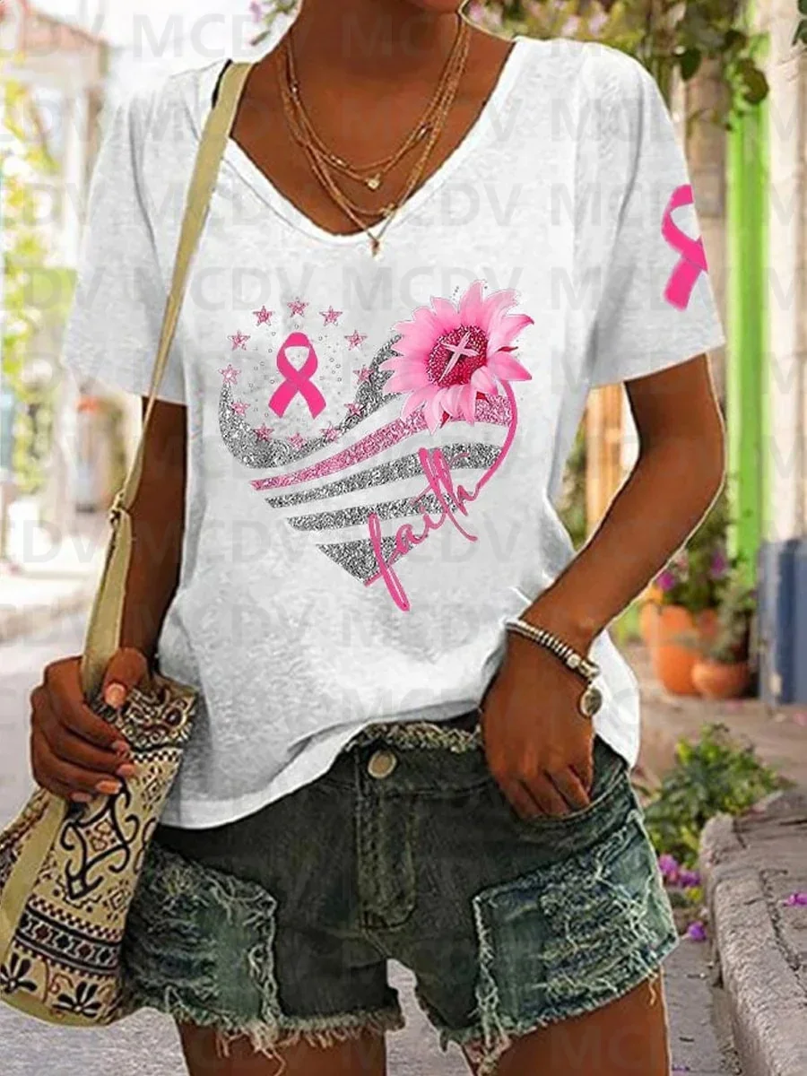 T-shirt à manches courtes imprimé pour la sensibilisation au cancer du sein pour femmes