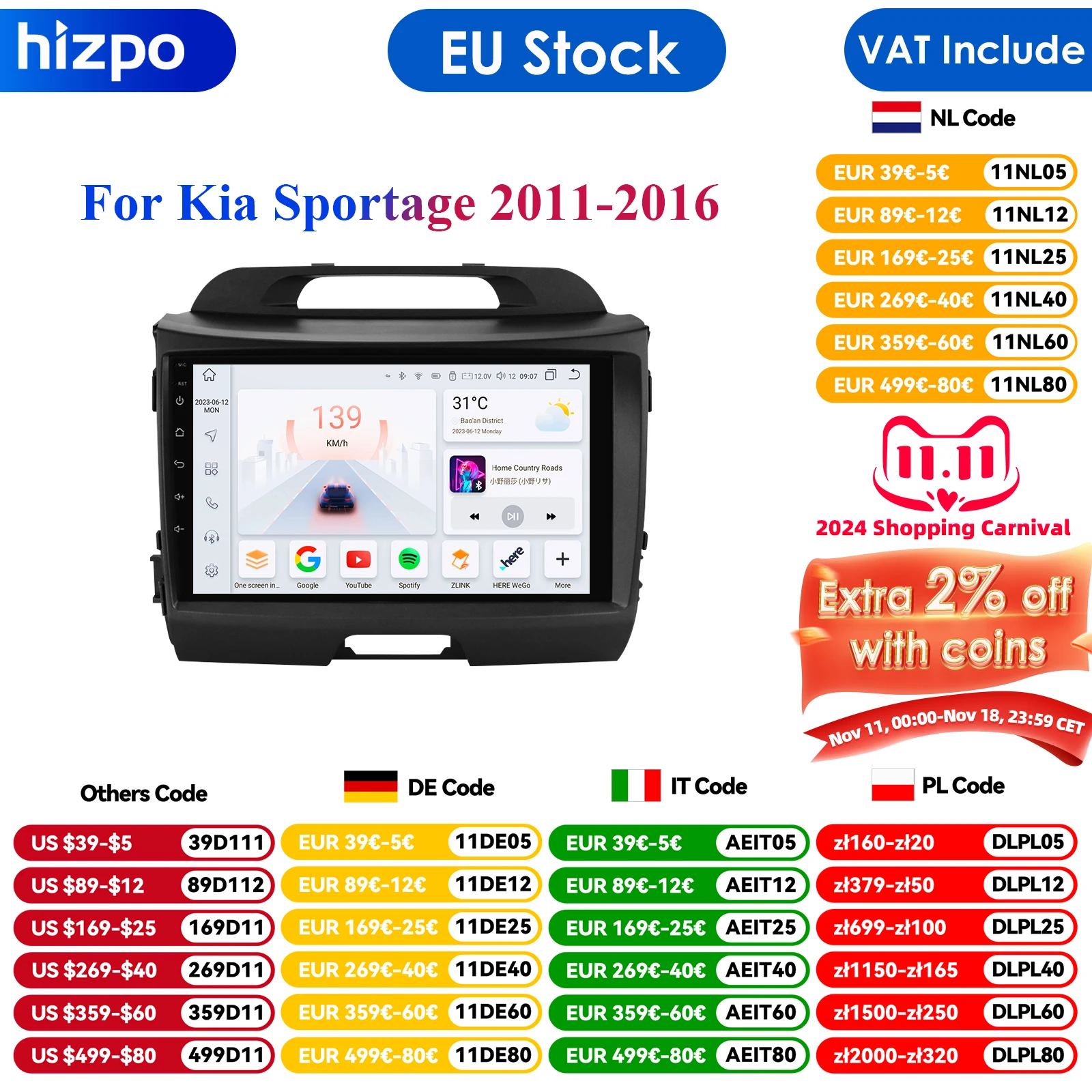 8G+128G AI Voice 2 Din Android Auto Radio For KIA Sportage 3 2010-2016 2015 Carplay Car Multimedia GPS 2din Autoradio SWC BT RDS