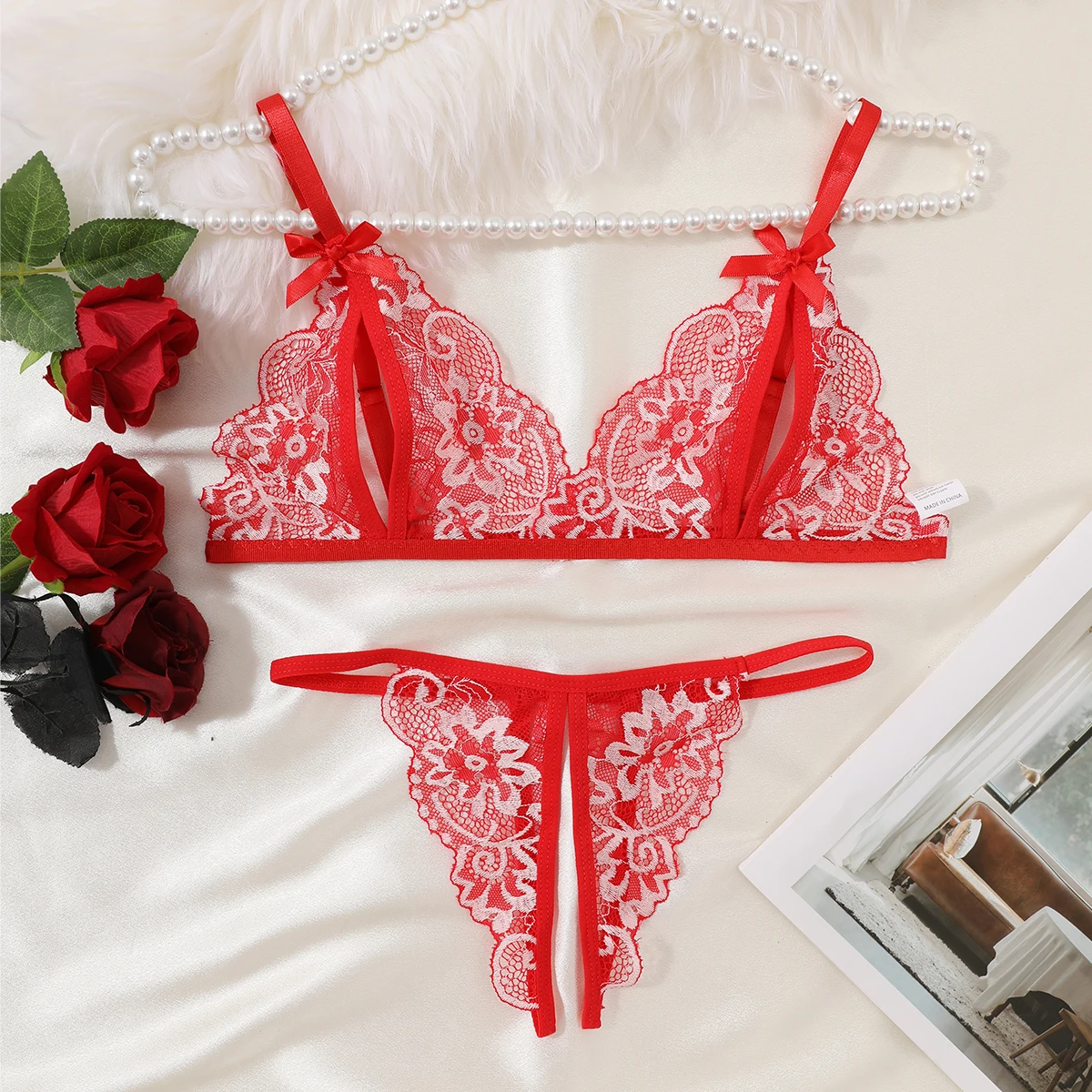 New Women Sexy Lingerie Red Bra Panties Set Cute Bow Ultrathin Lace Underwear Set Temptation Erotic Hot Outfits For Pretty Girls