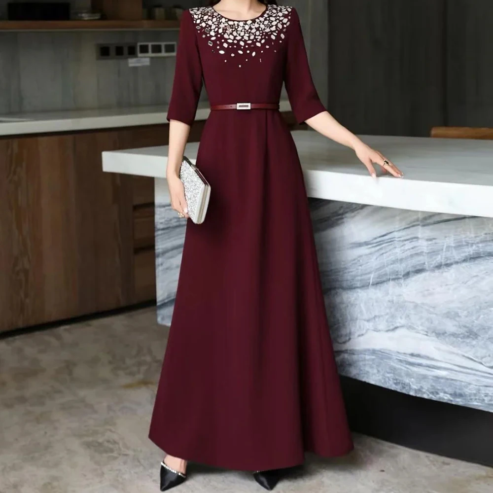 Vestidos de Noche acampanados para mujer, hasta el tobillo, cuello redondo, manga tres cuartos, vestido de fiesta, fajas con lentejuelas a la moda, vestidos personalizados