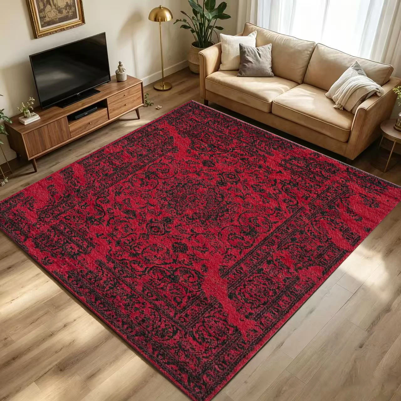 Vintage Distressed Red Oriental Area Rug, Non-Slip Floor Carpet for Living Room Bedroom Home Decor