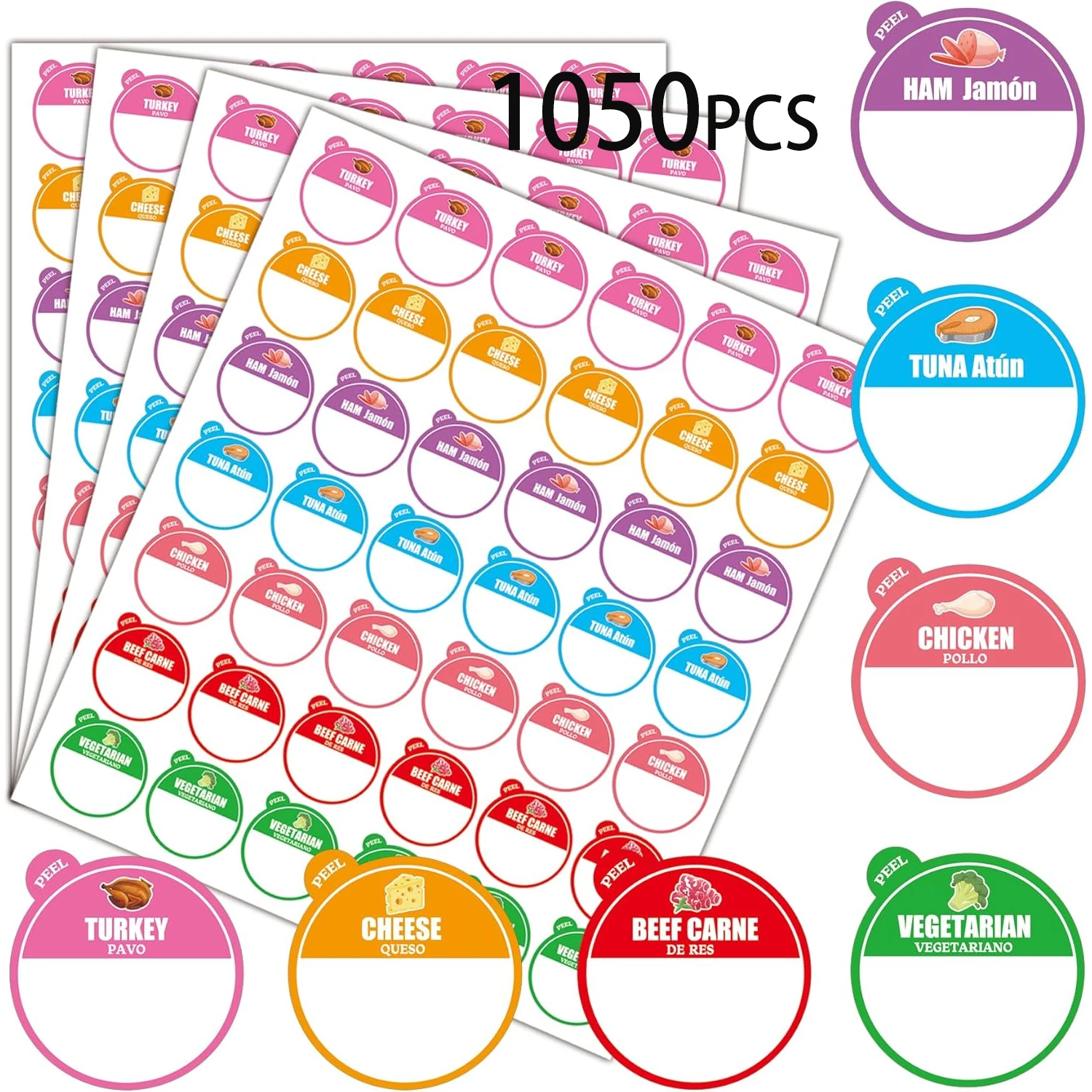 1050 Pcs Vegetarian Beef Cheese Chicken Ham Tuna Food Turkey Labels 1 inch Blank Sticker Labels to Write On for Party