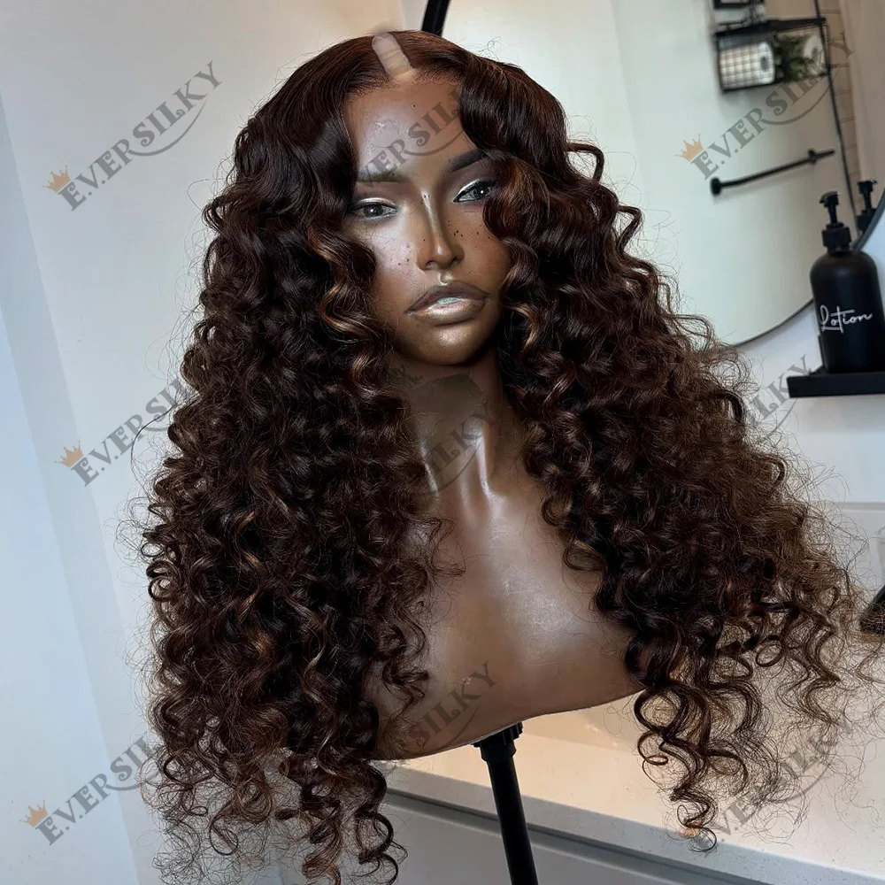 

Натуральные индийские парики из человеческих волос с глубокой волной, светлые с мелированием, без клея, с U-образной и V-образной частью, регулируемые, средней длины, шоколадно-коричневые