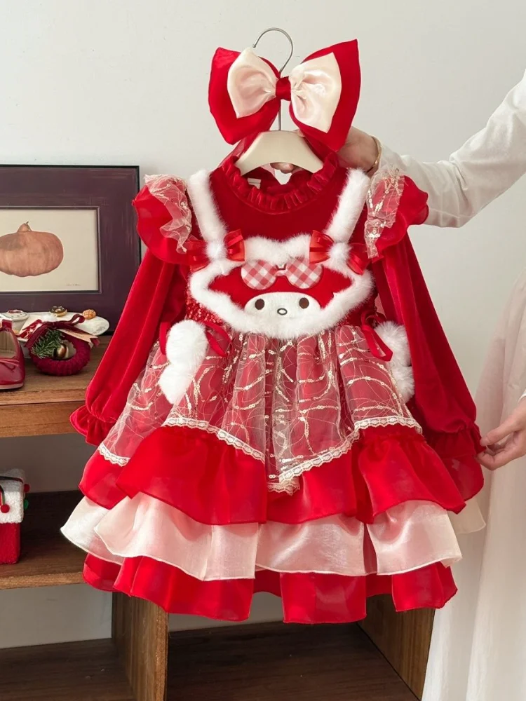 

Sanrio My Melody, платье принцессы Лолиты для девочек, юбка-пачка с рюшами, многослойное платье, праздничное платье с украшением в виде банта, детское бальное платье, подарок