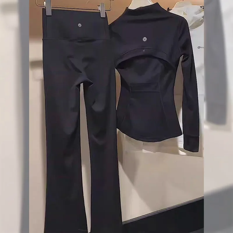 

Black Fashionable Sportswear Set Women Spring and Autumn Running Yoga Wear Long-sleeved Slimming Top Long Pants Two-piece Set