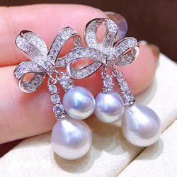 MeiBaPJ 8-9mm Natural White Rice Pearls Fashion Bow Drop Earrings 925 Silver Empty Tray Fine Wedding Jewelry for Women