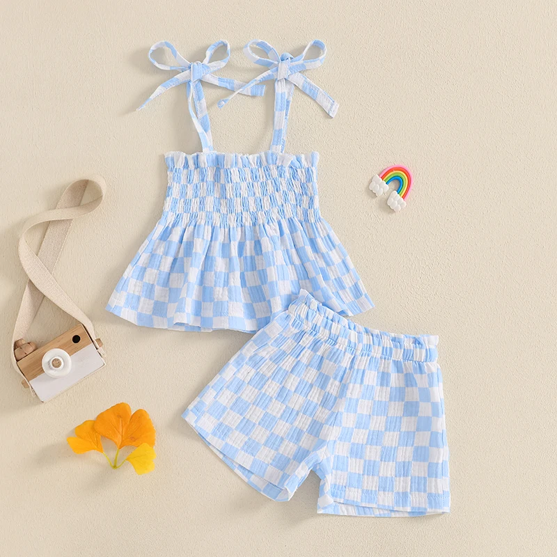 Toddler Girl Summer Clothes Plaid Print Smocked Camisole Tops + Elastic Waist Shorts 2 Pieces Set