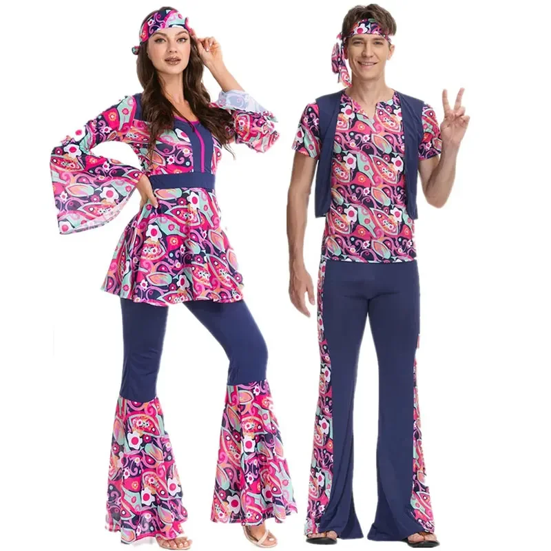 

Couple Halloween Costumes Party Hippie Vintage 60s 70s Peace Love Clothing Suit Rock Disco Women Hippies Cosplay Costume