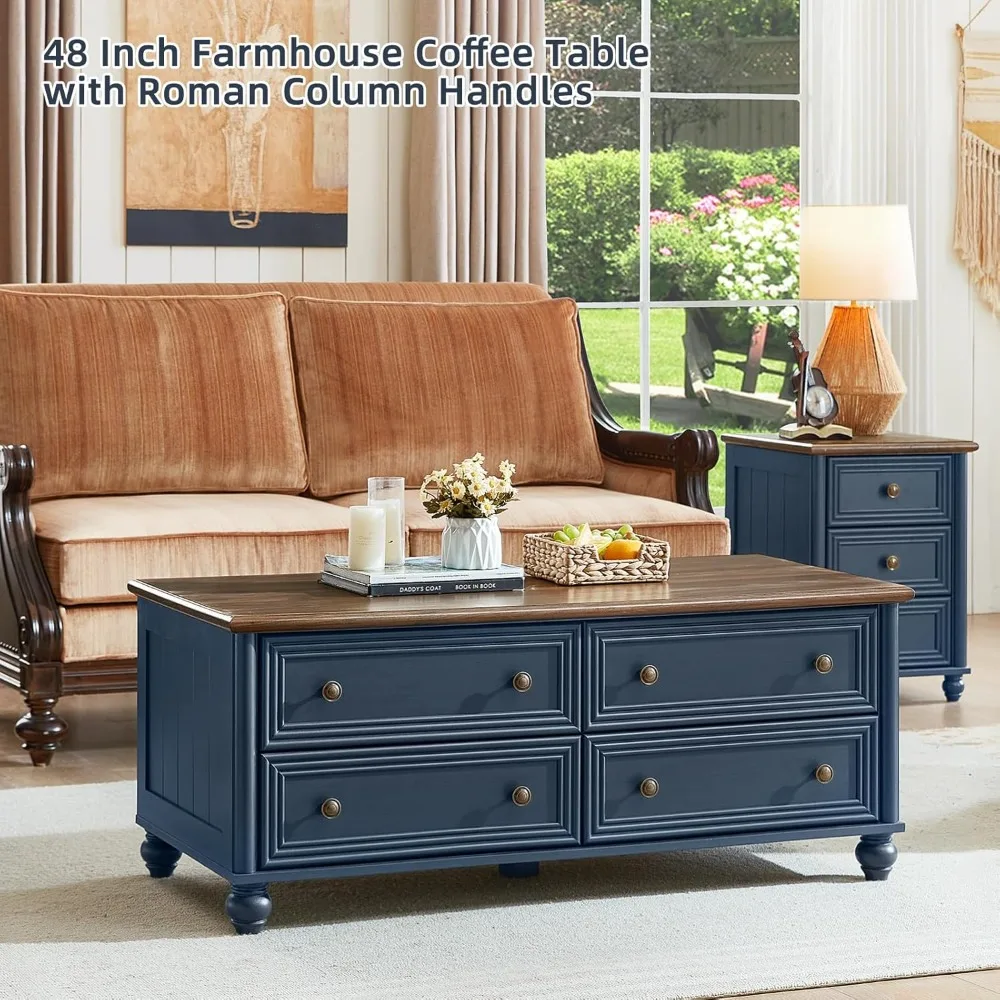 48 Farmhouse Coffee Table with Hidden Storage,Wooden Coffee Tables with 4 Drawers & Roman Column Handle,Rectangular Rustic Cente