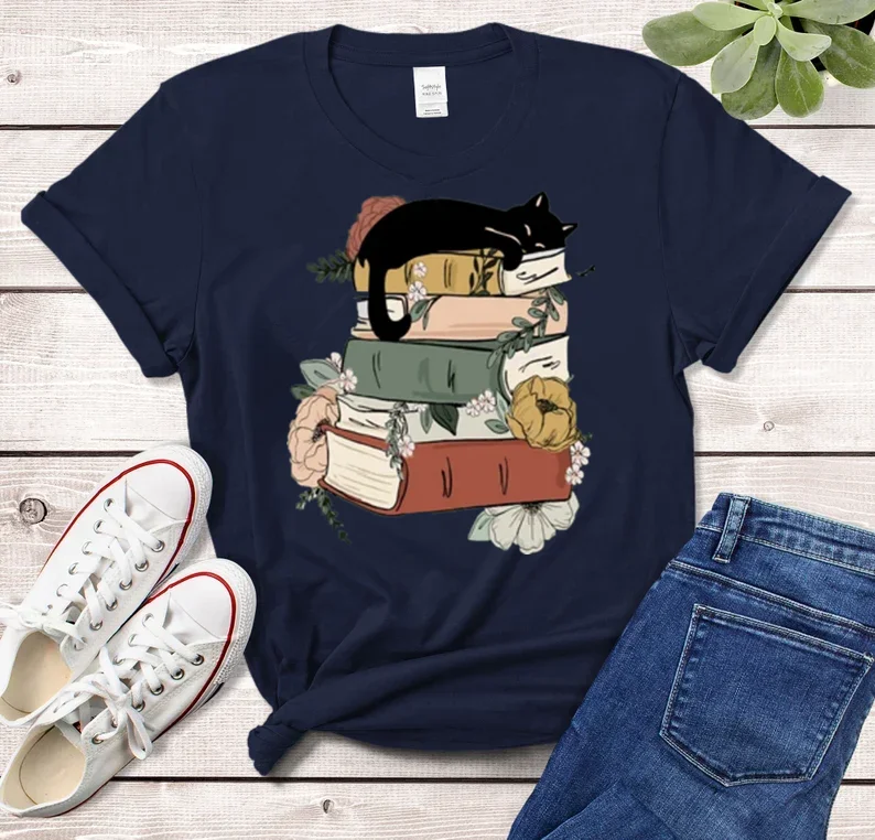 Cat Book Books and Cats Hoodie Shirt Lover Short Sleeve Top Tees T-Shirt 100% Cotton Streetwear Harajuku goth y2k Drop shipping