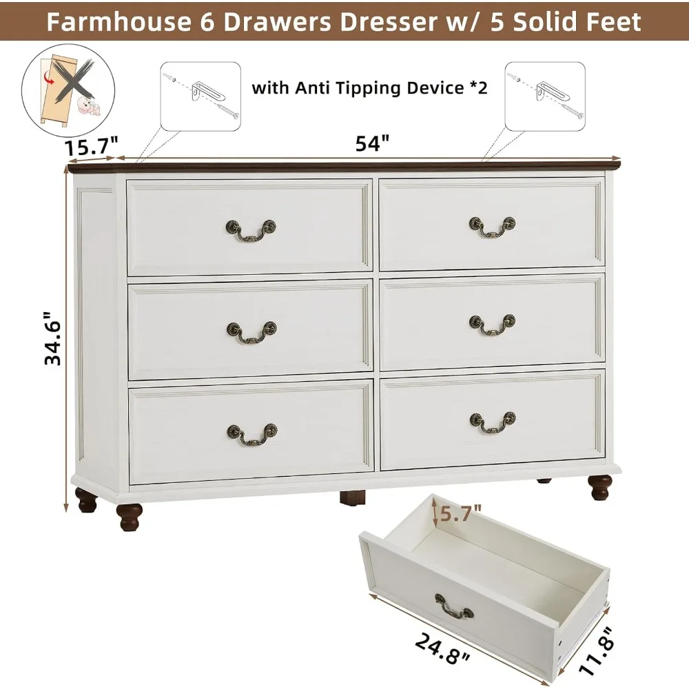 Farmhouse 6 Drawer Dresser 54 Inch Wide Chest with 4 Wooden Legs Rustic Storage Organizer White