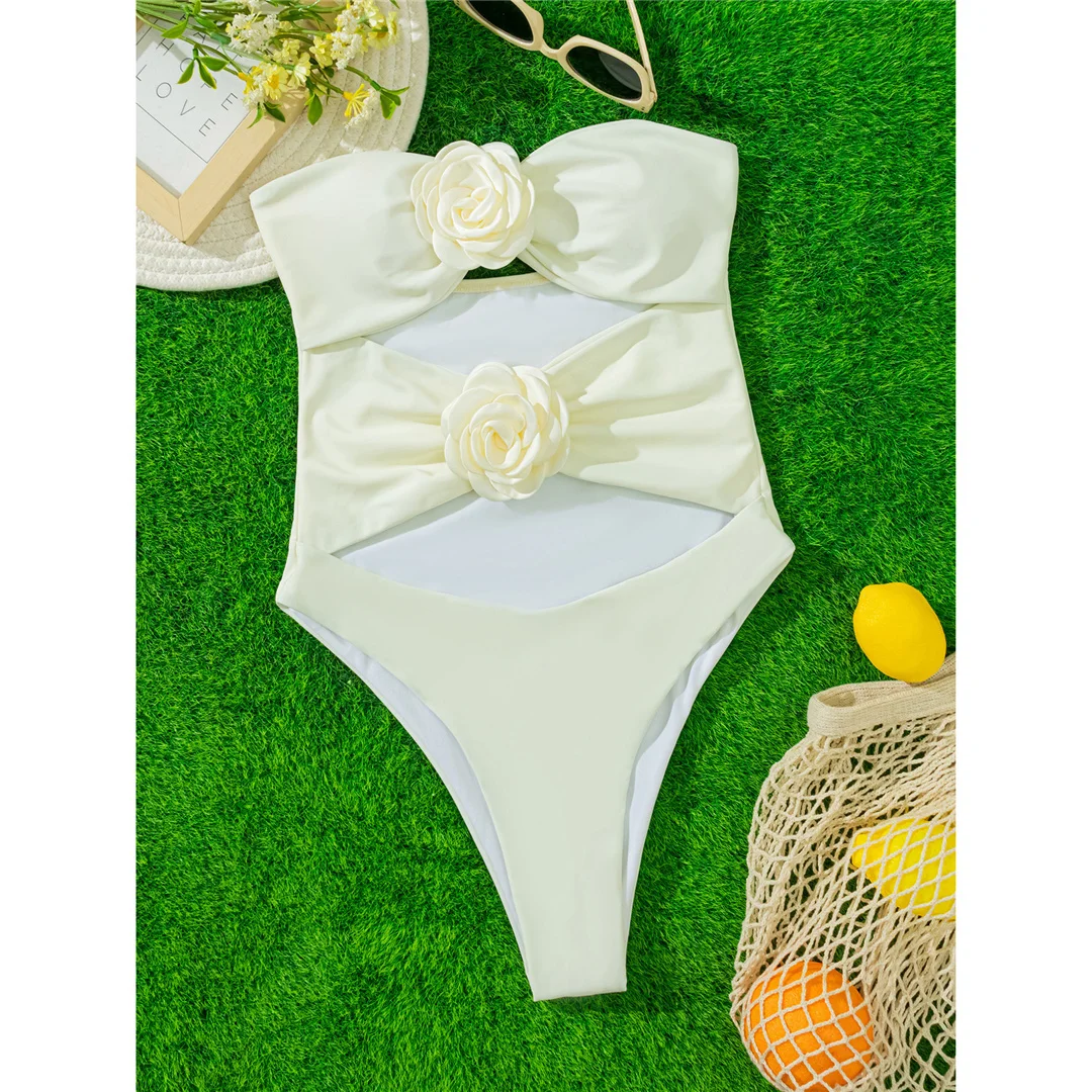 3D-Blumen-Bandeau-Badeanzug mit Bauchausschnitt, einteiliger Badeanzug für Damen, Badebekleidung, Monokini mit hohem Beinausschnitt, Badeanzug, Badebekleidung, V6688 – Detail 7