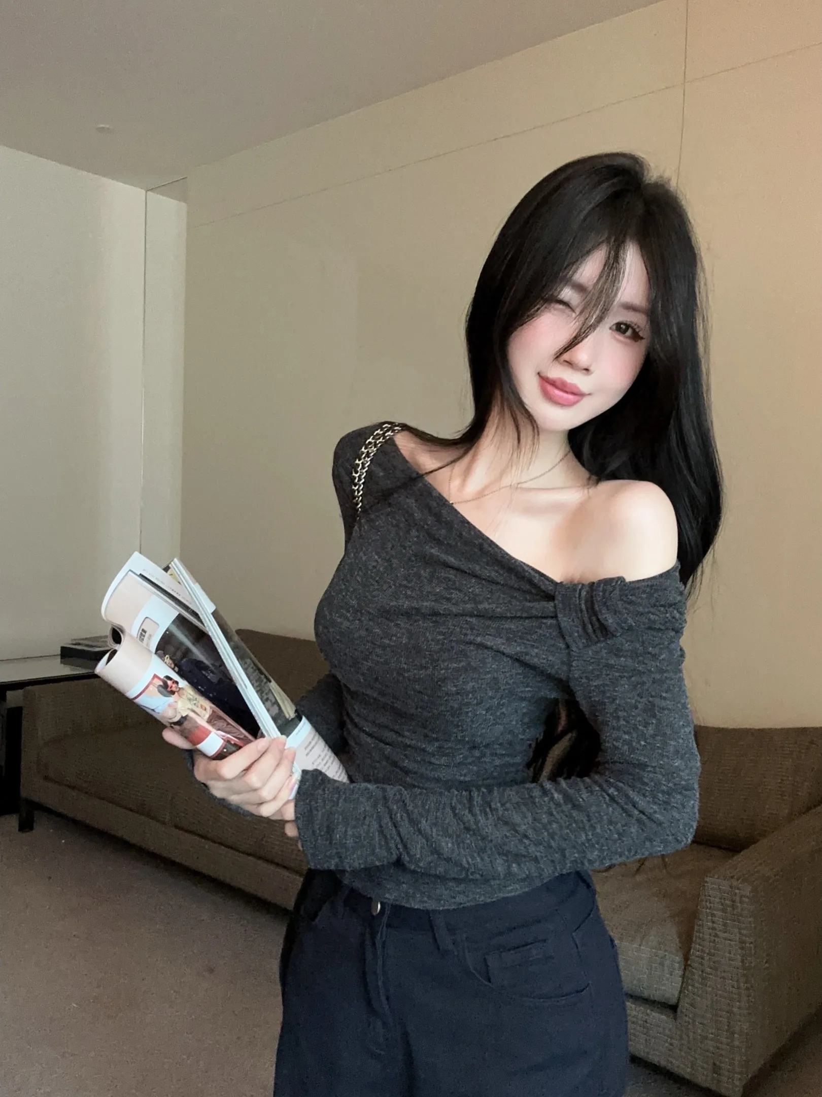 Korean Style Knitted Base Shirt Women's Early Autumn New Elegant Atmosphere Side Shoulder Top Cotton Linen Long Sleeve T-Shirt