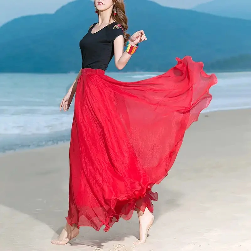 Solid Color High Waisted Gold Silk Chiffon Skirt Women Summer High-grade Fashion Bohemian Dance Long Skirt Elegant Beach Skirts