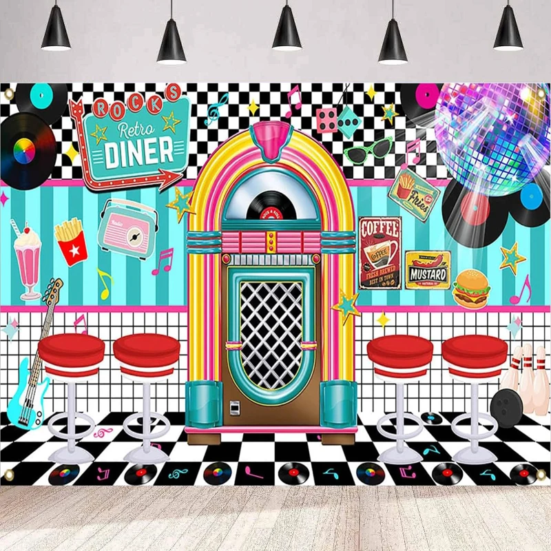 Photography Backdrop 50s Retro Rock And Roll Diner Classic Party Decoration Background Wall Banner Poster